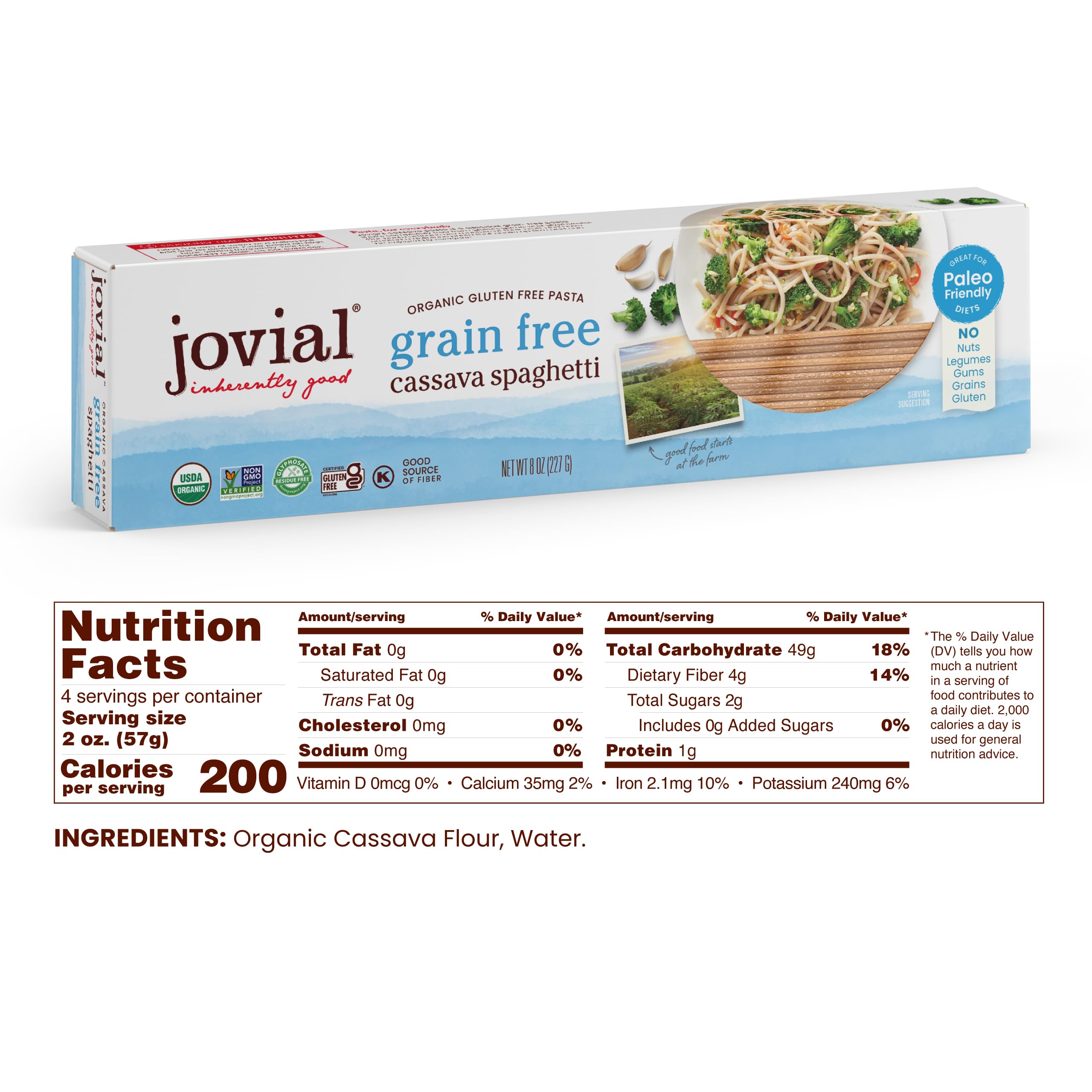 Jovial three-pack of uncooked cassava spaghetti ready for pantry storage