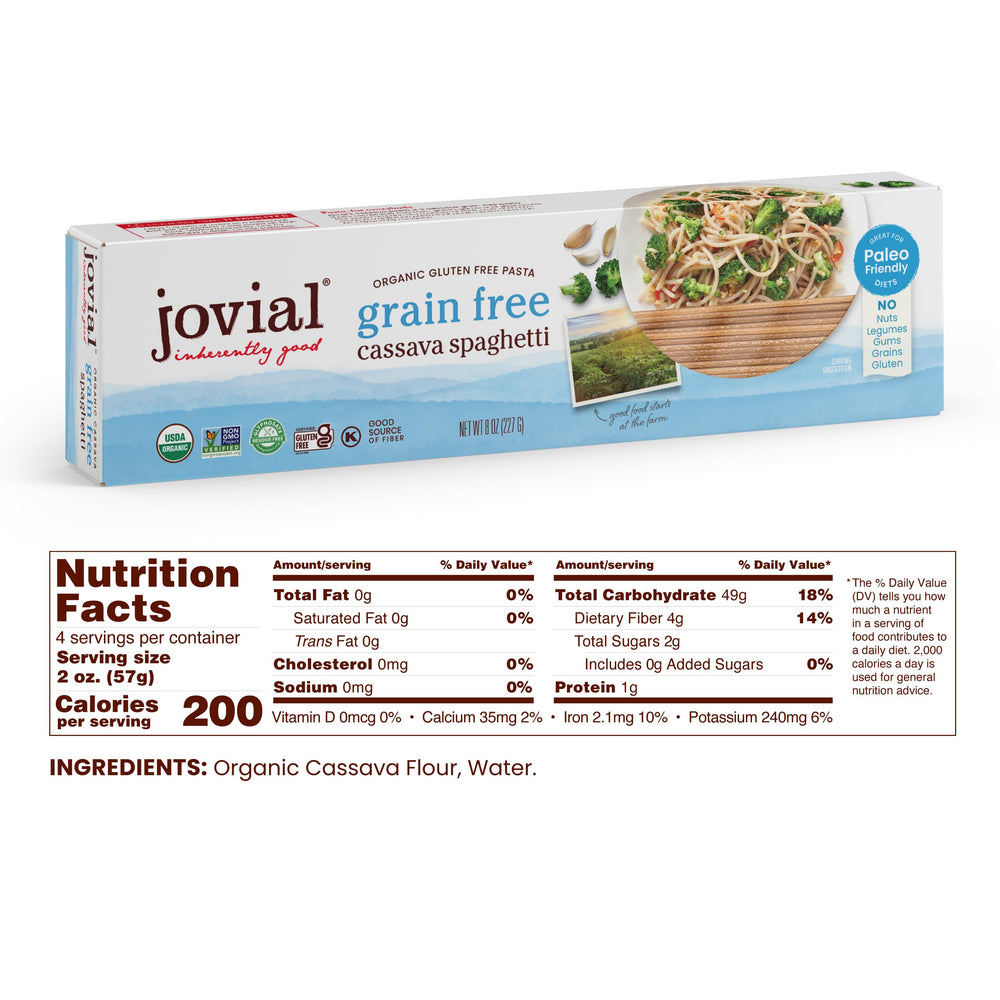 Jovial three-pack of uncooked cassava spaghetti ready for pantry storage