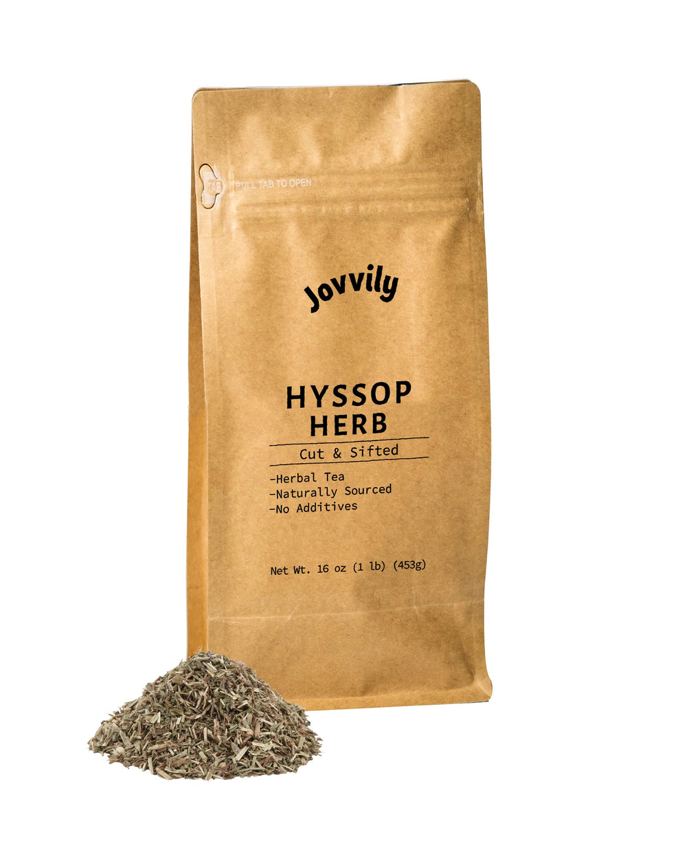 Jovvily hyssop front packaging resealable bag showing product and weight for easy storage