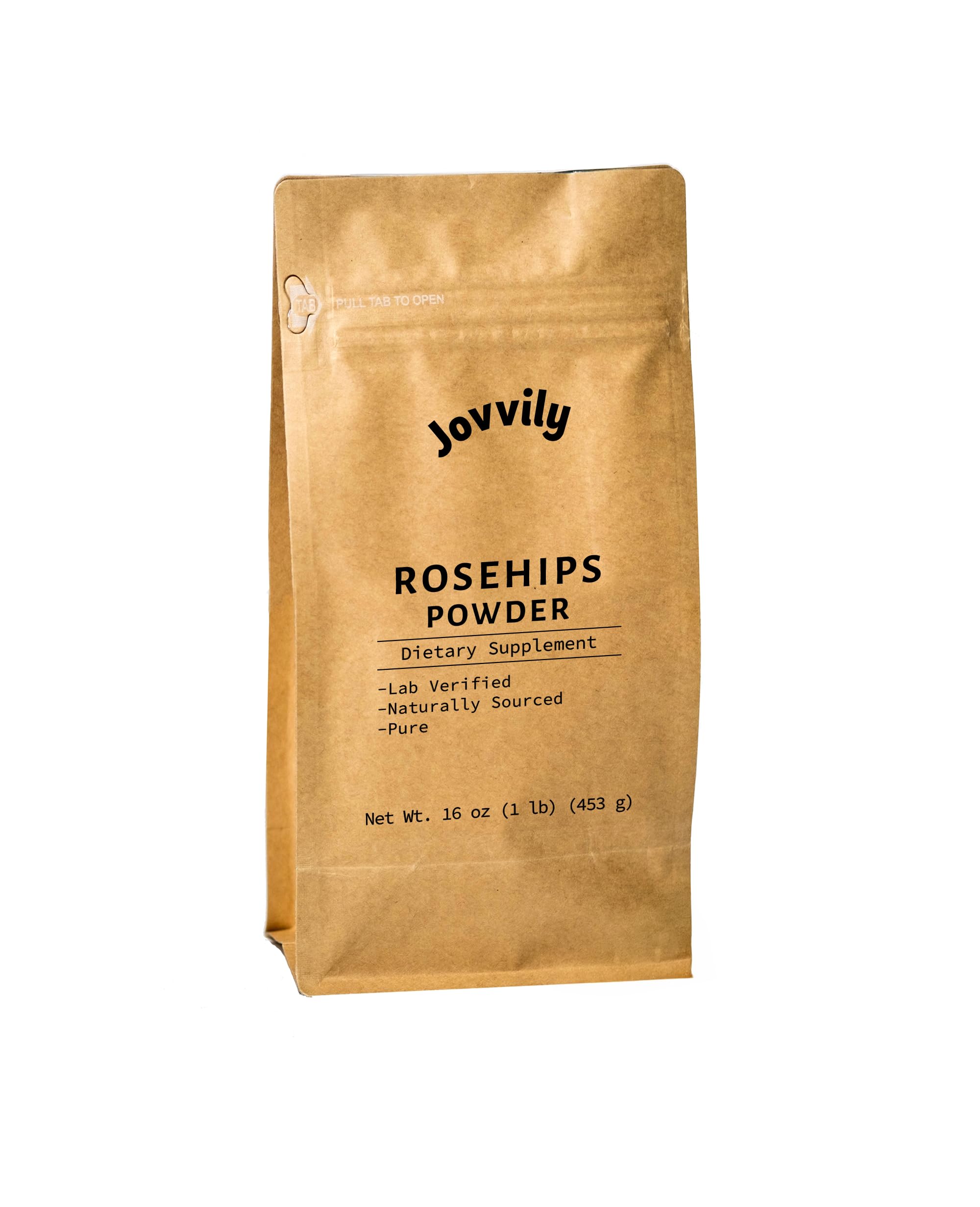 Jovvily rosehips powder front packaging shows label and one-pound bag for easy identification