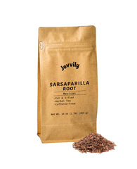Jovvily front packaging of 1 lb sarsaparilla root showing label and sealed bag for freshness