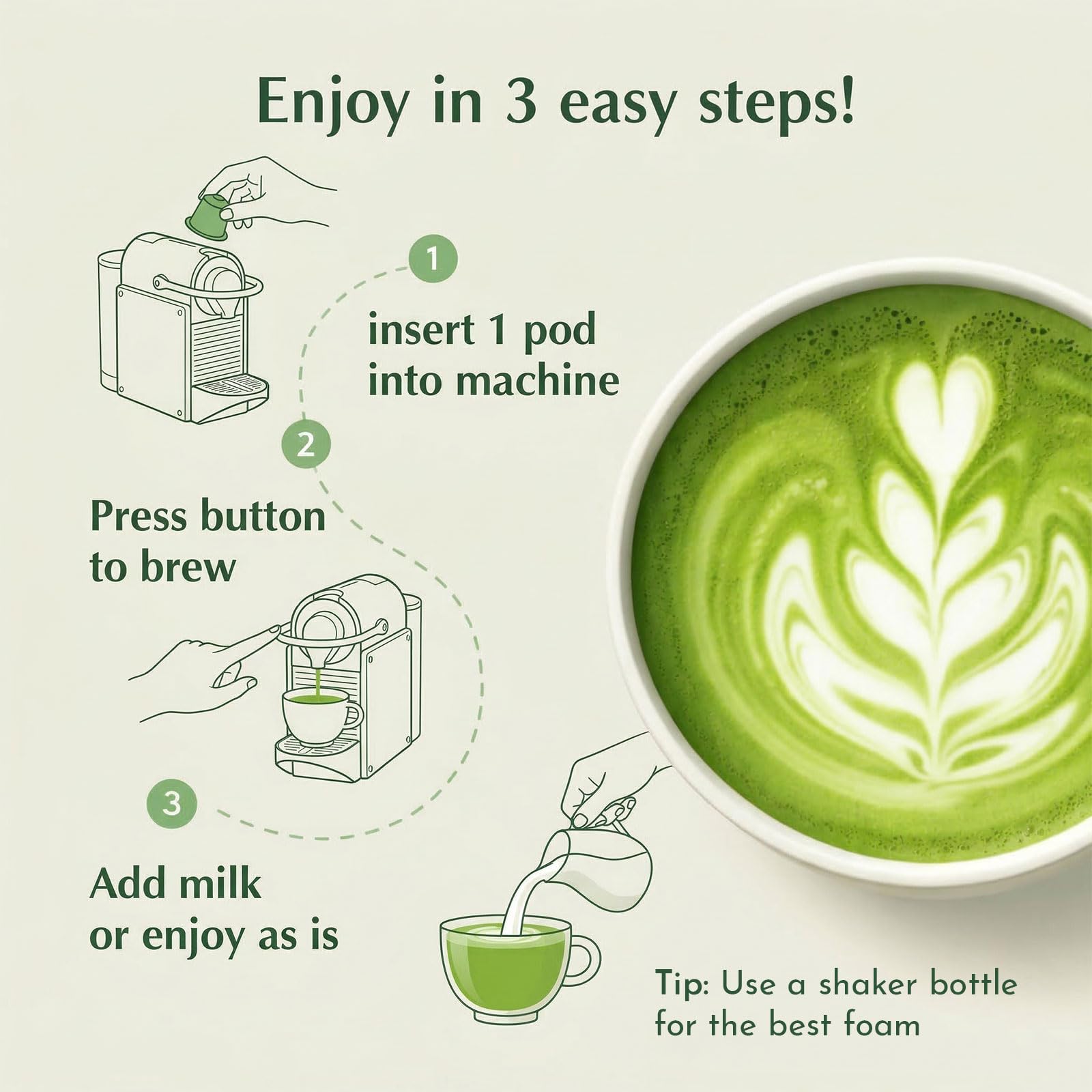 JOYBARBA matcha latte being poured with milk, showing creamy texture and balance