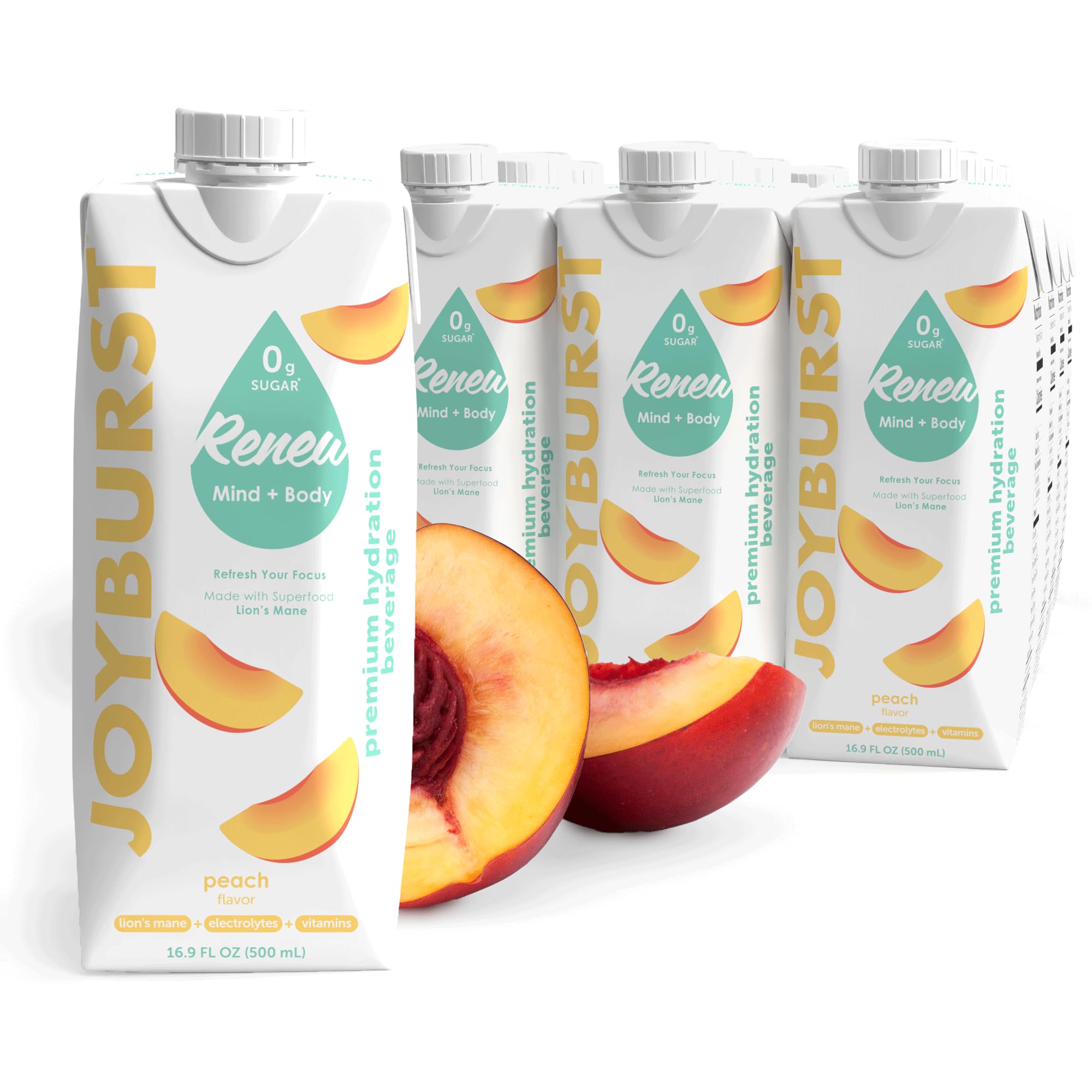 JOYBURST front packaging peach showing 12-pack and branding, convenient hydration