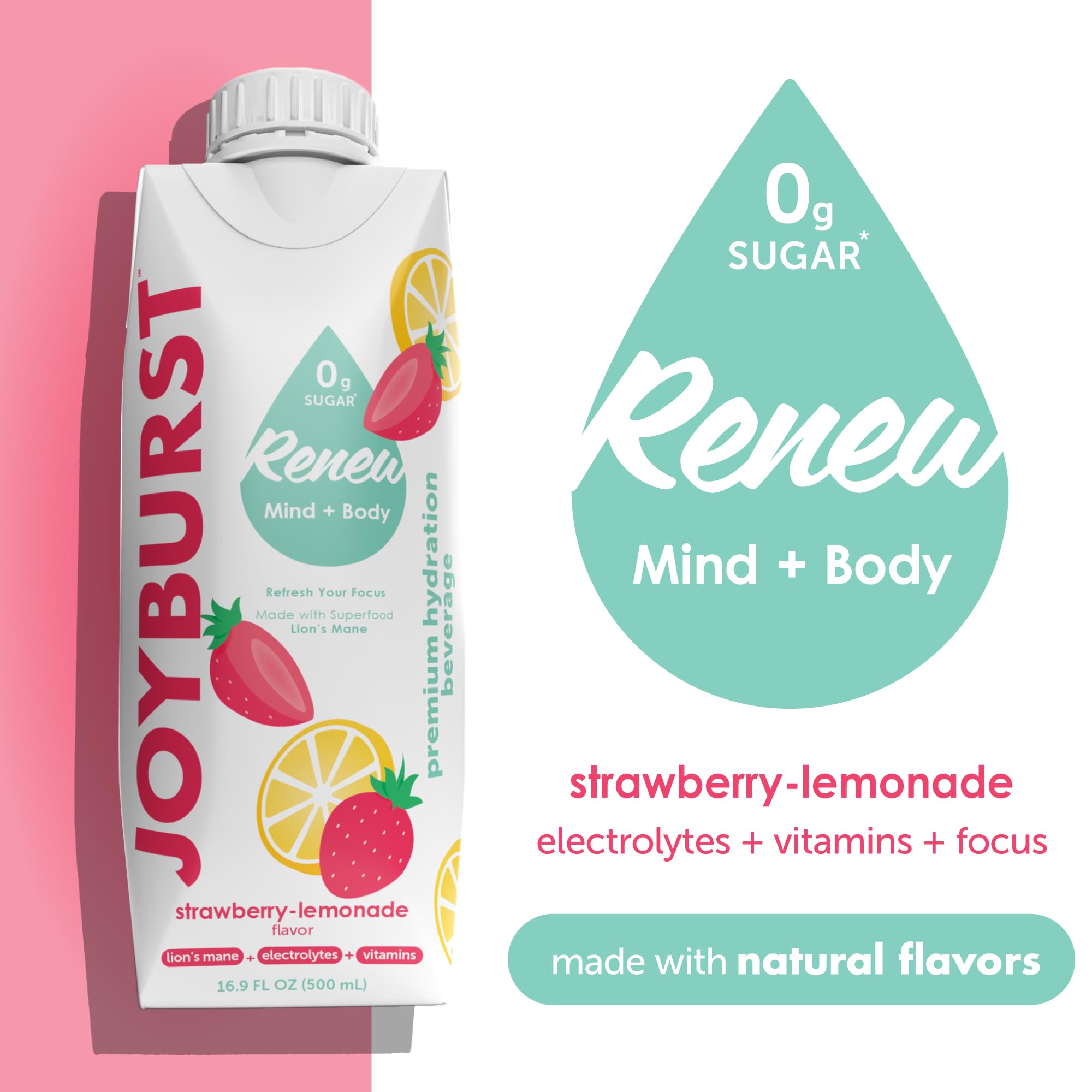 JOYBURST close label detail highlighting electrolytes, B-vitamins and lion's mane benefits