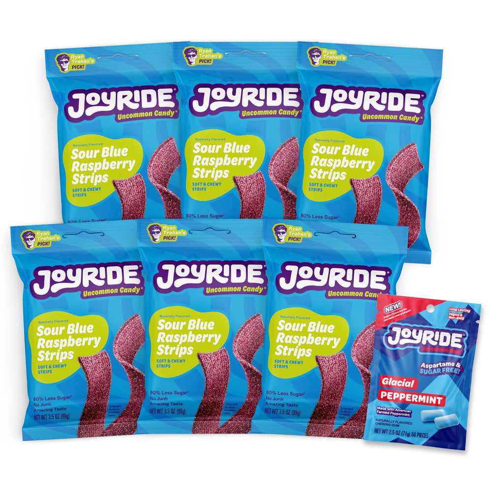 JOYRIDE front packaging showing blue raspberry sour belts and healthy low-sugar benefits