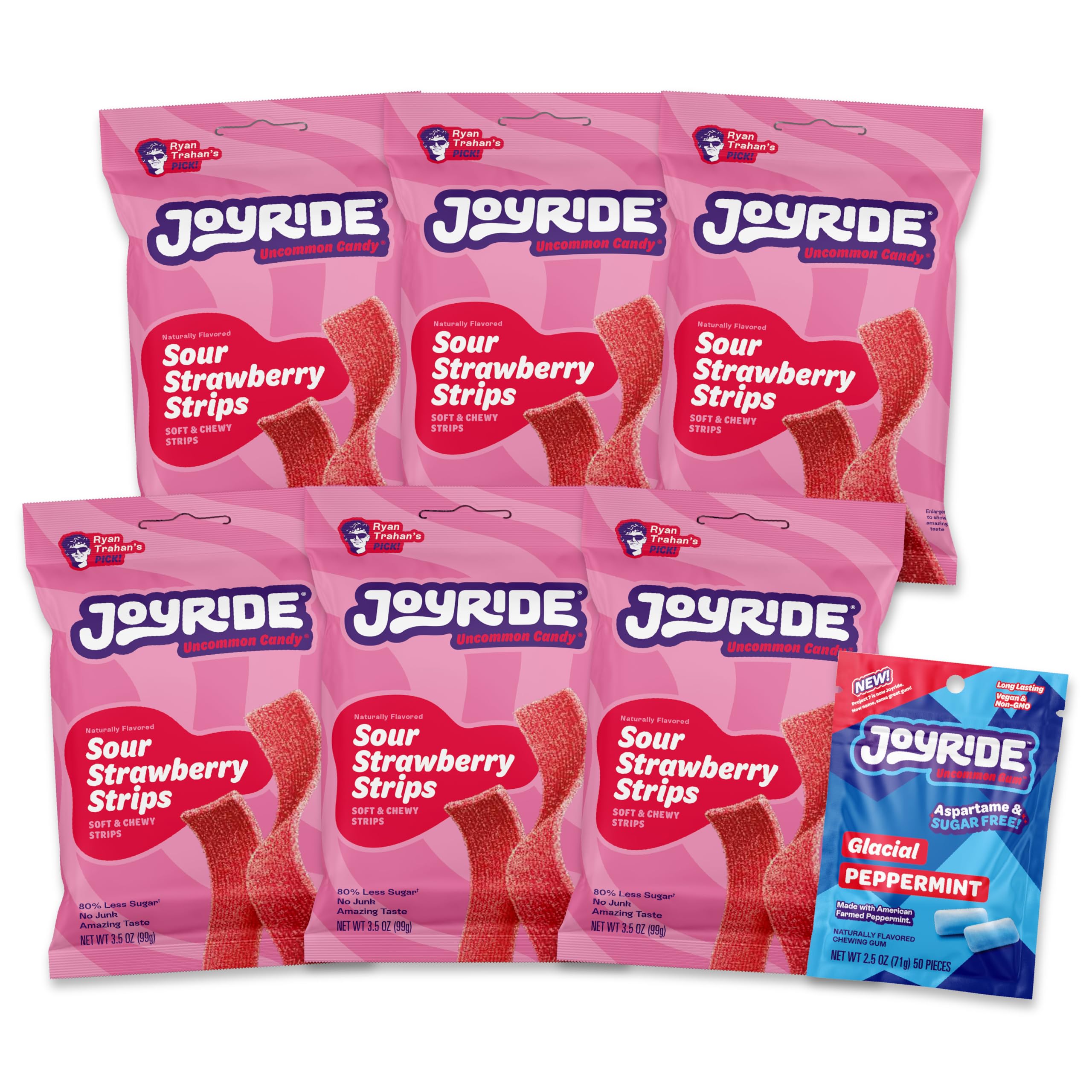 JOYRIDE front packaging showing sour strips and clean-ingredient appeal