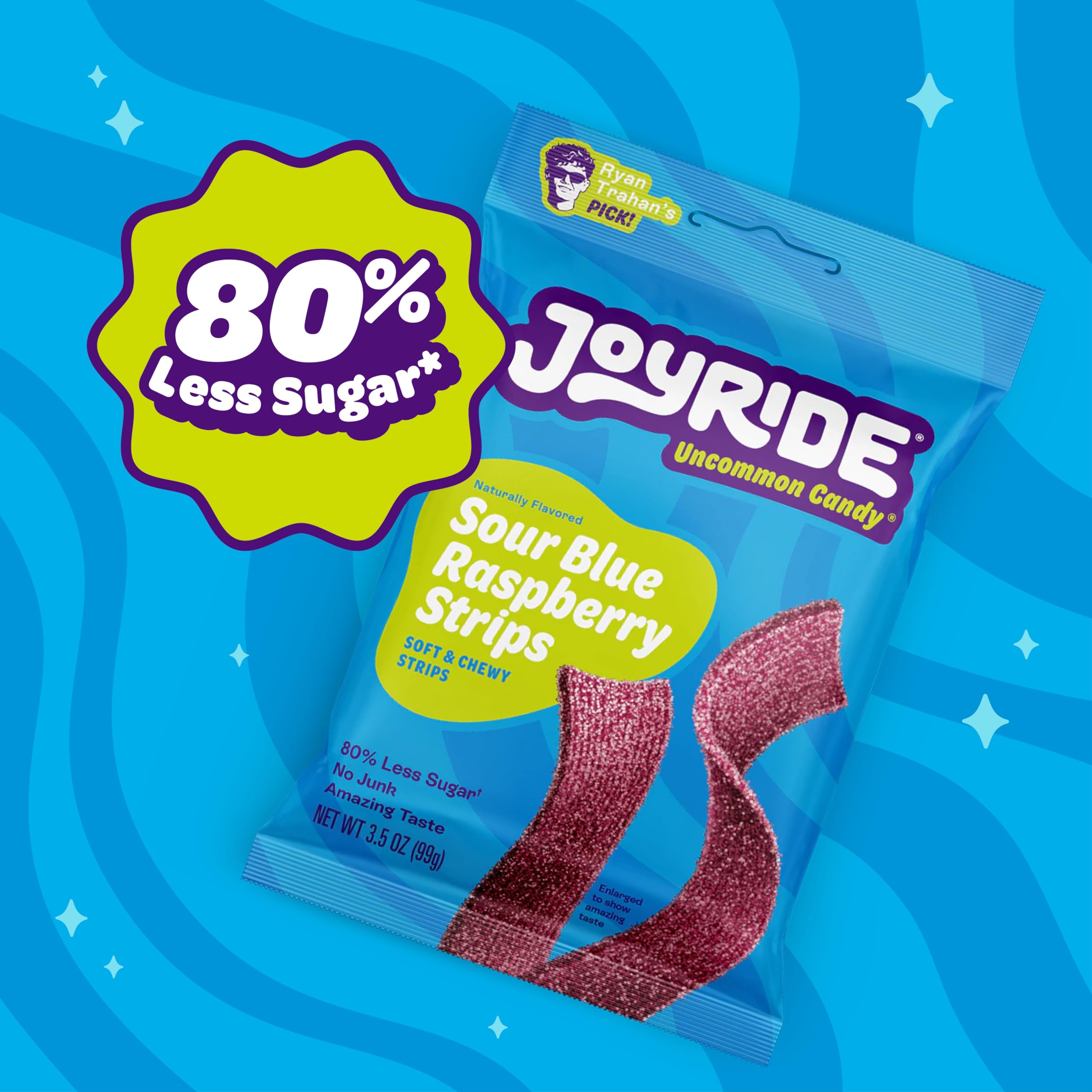 Ingredient panel and vegan badge on JOYRIDE packaging emphasizing no gelatin or artificial dyes