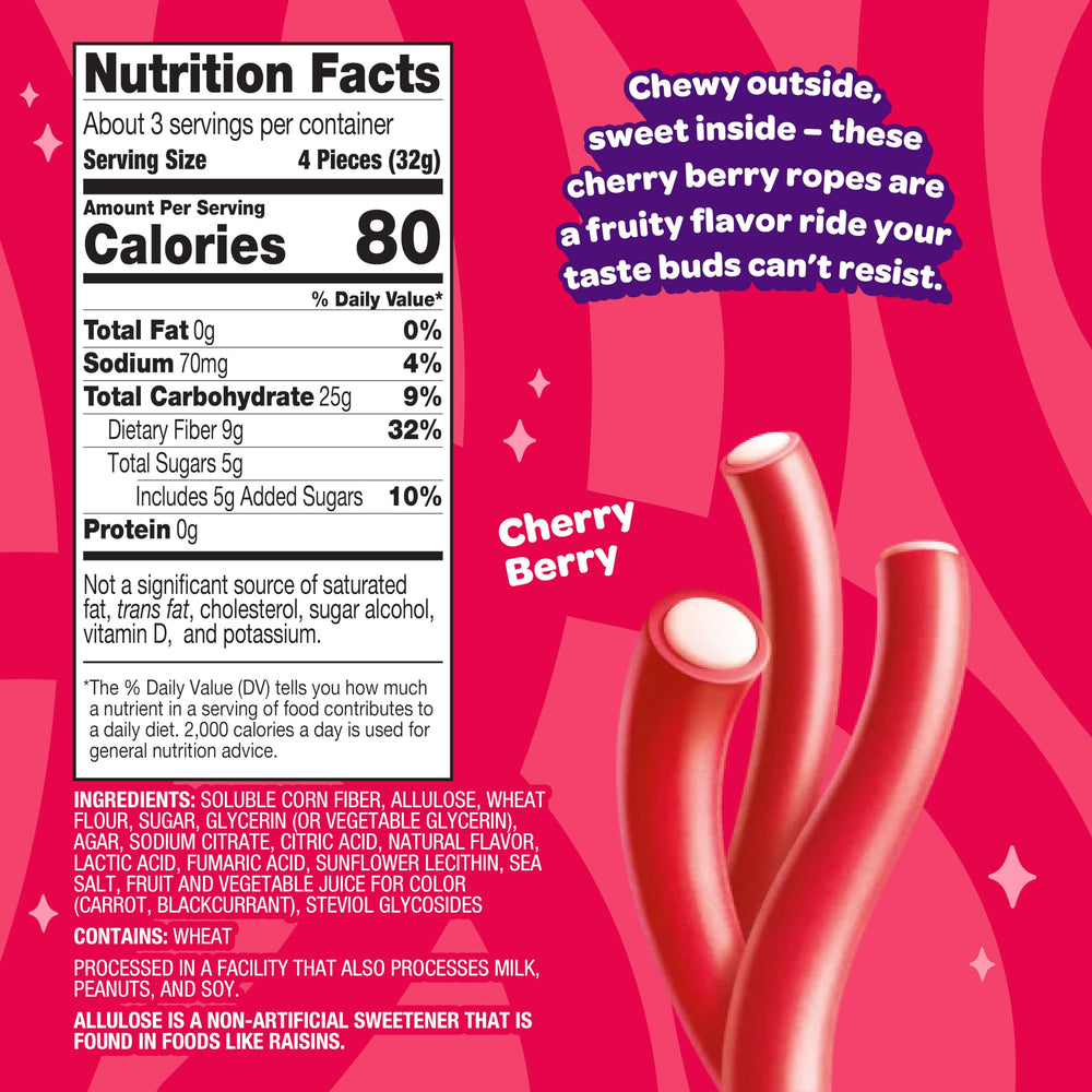 JOYRIDE cherry berry ropes close-up highlighting chewy texture and natural flavors