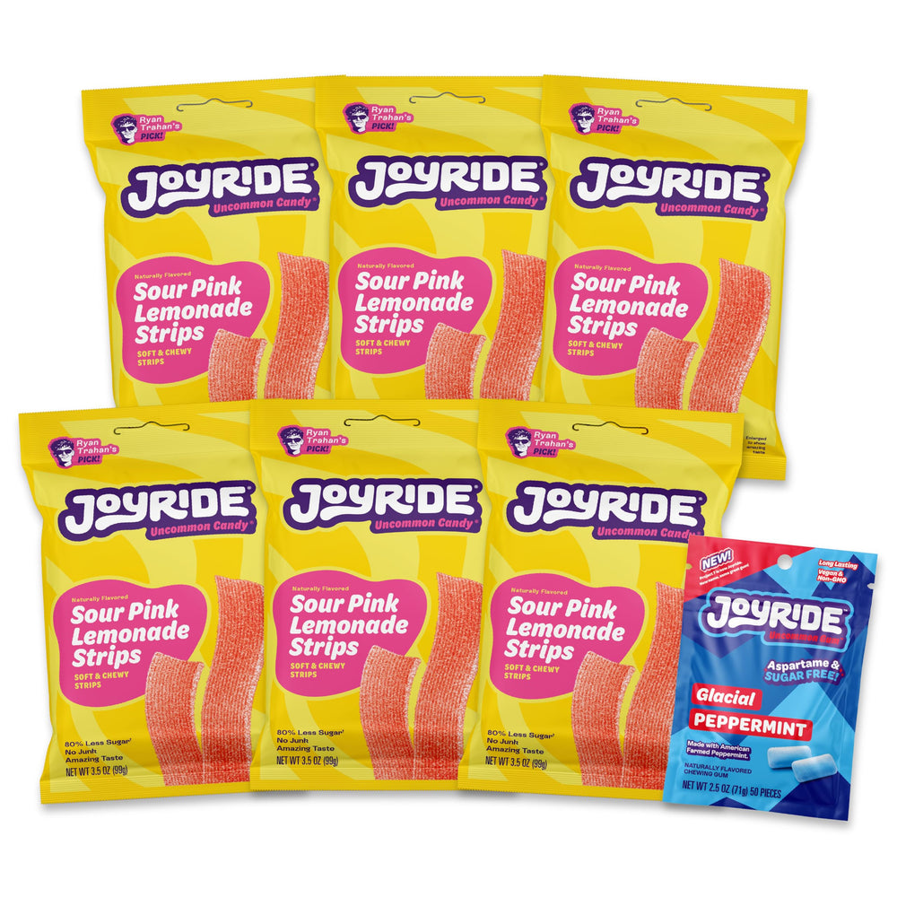 JOYRIDE front packaging showing six pink lemonade packs and branding benefit convenience