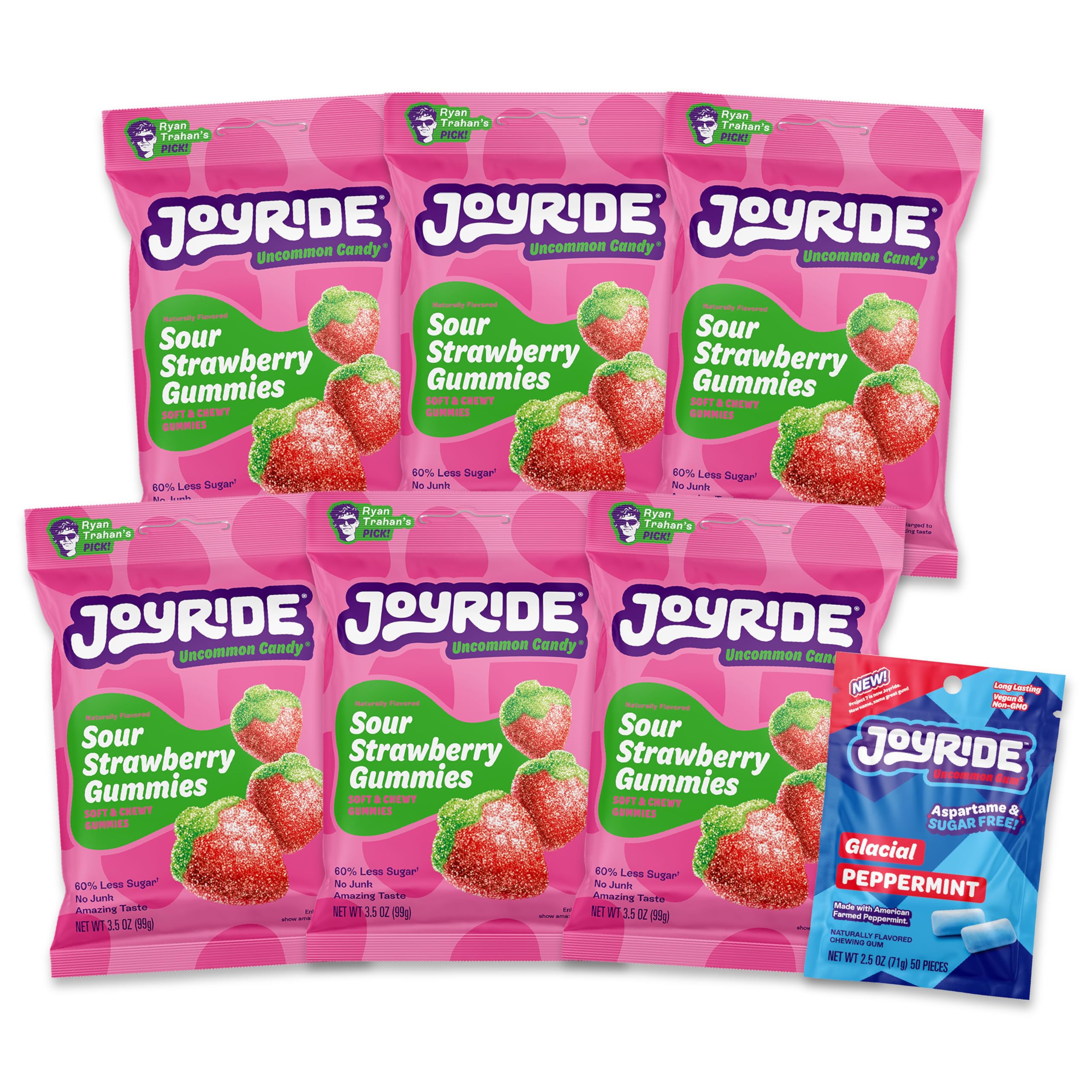JOYRIDE front packaging showing sour strawberry 6-pack bundle and benefit of low sugar