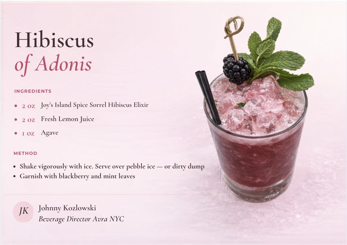 Joy's Island Spice poured over ice in a glass offering instant refreshment