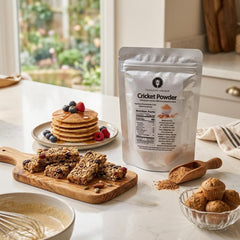 JR Unique Foods spoonful of cricket powder demonstrating scoopable portion convenience