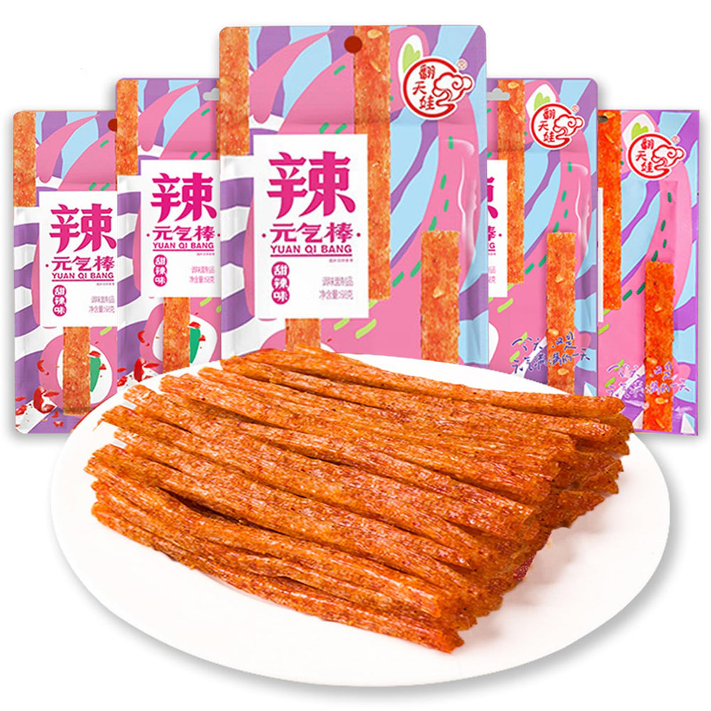 JTEDZI front packaging showing five sealed spicy strips pouches, ideal for sharing