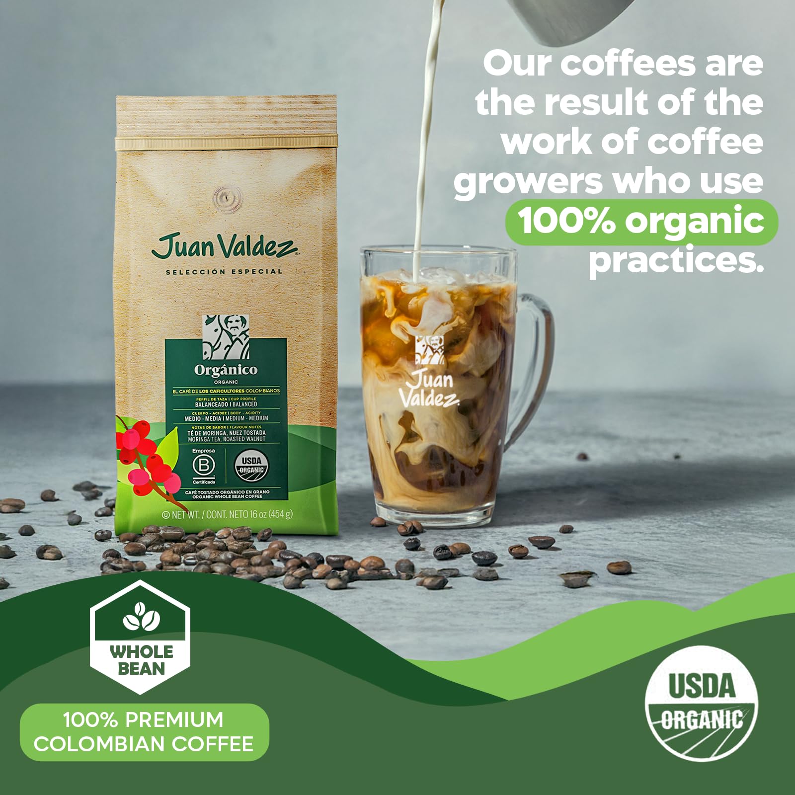 Juan Valdez close-up whole beans texture highlighting premium arabica aroma