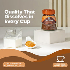 Juan Valdez open jar top view showing freeze-dried granules and convenience