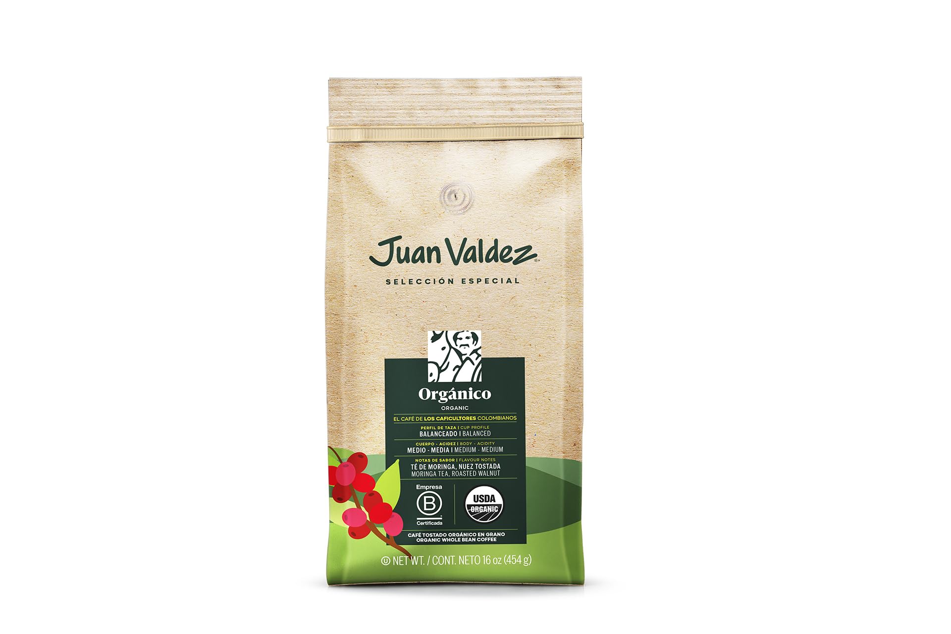 Juan Valdez front packaging showing balanced roast and 16 oz bag benefit freshness
