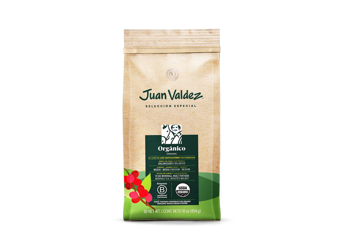 Juan Valdez front packaging showing balanced roast and 16 oz bag benefit freshness