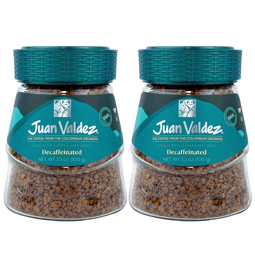 Juan Valdez front packaging highlighting decaffeinated instant coffee benefits