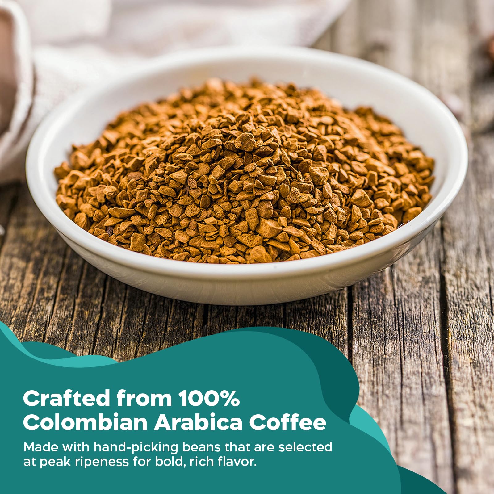 Juan Valdez jar label close-up showing 100% Colombian Arabica and decaf method