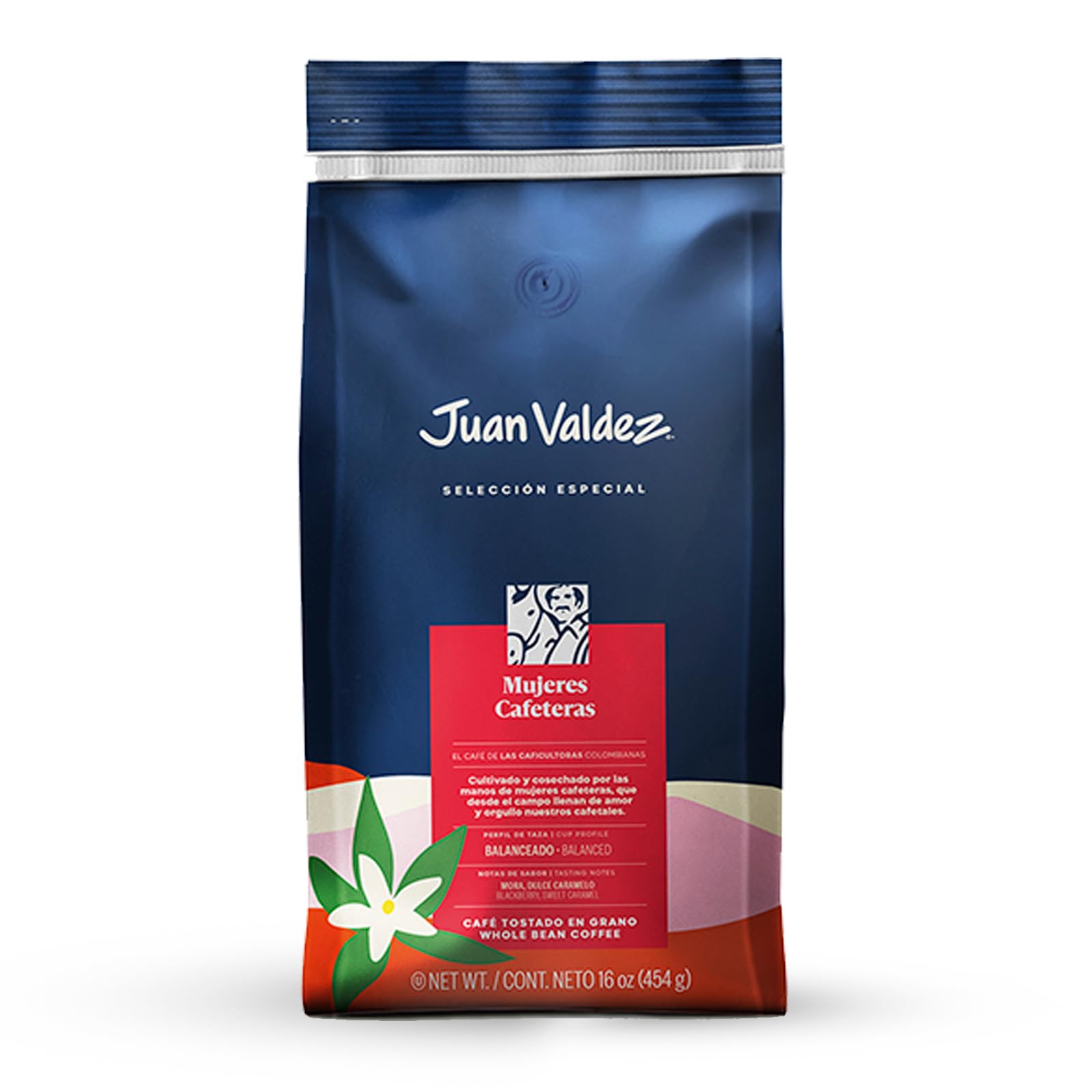 Juan Valdez front packaging showing Mujeres Cafeteras 16 oz benefits