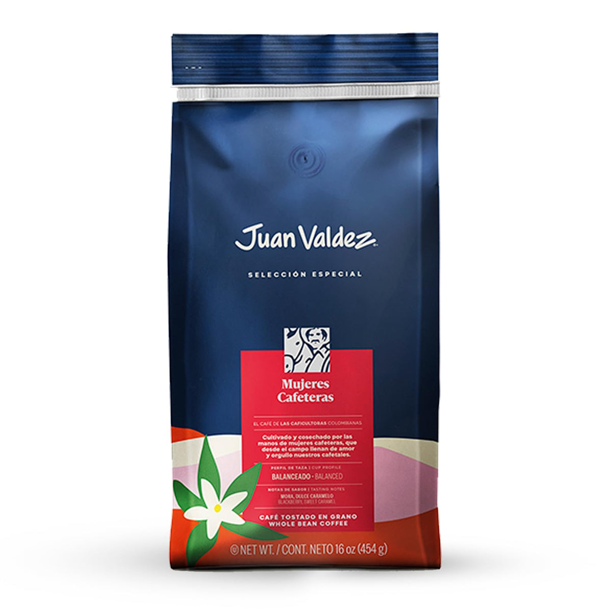 Juan Valdez front packaging showing Mujeres Cafeteras 16 oz benefits