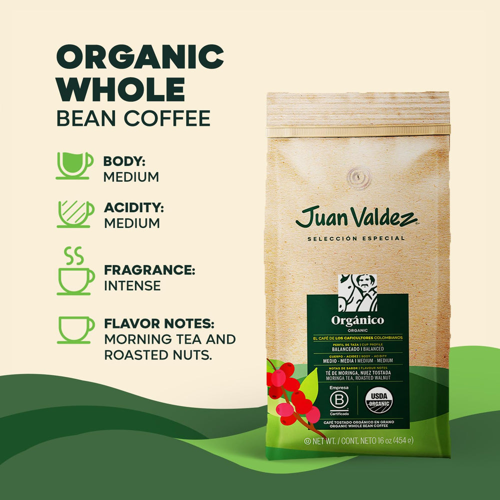 Juan Valdez 16 oz bag beside measuring scale showing true size and portioning