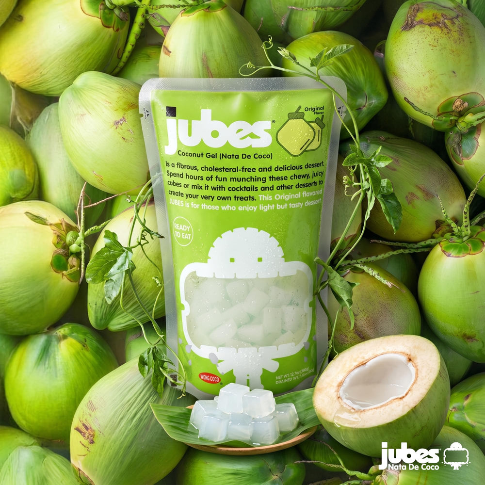 Jubes close-up texture of nata de coco cubes highlighting firm chew and translucence