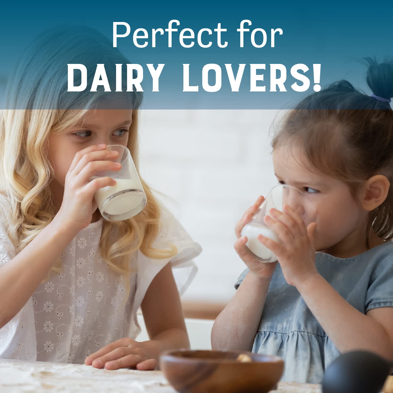 Judee's Gluten Free reconstituted milk in glass, pours like fresh milk for cooking