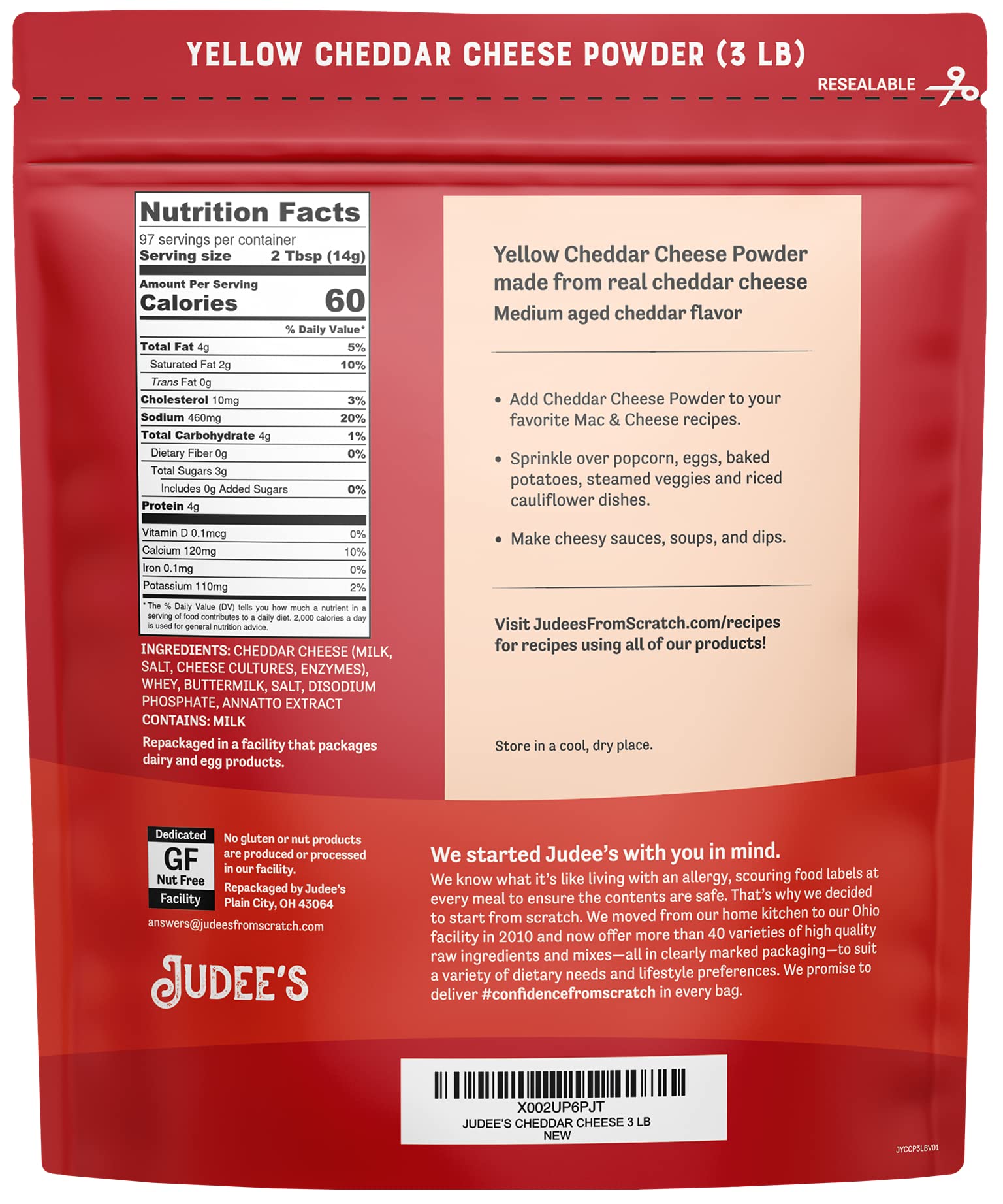 Judee's Gluten Free powder close-up texture, shows fine cheddar granules for easy mixing