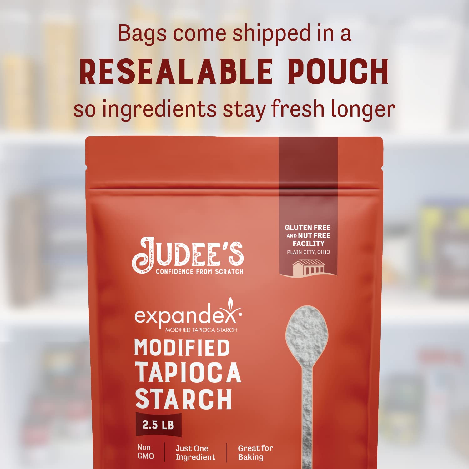 Close-up of Judee's Expandex starch texture showing fine powder for smooth blending