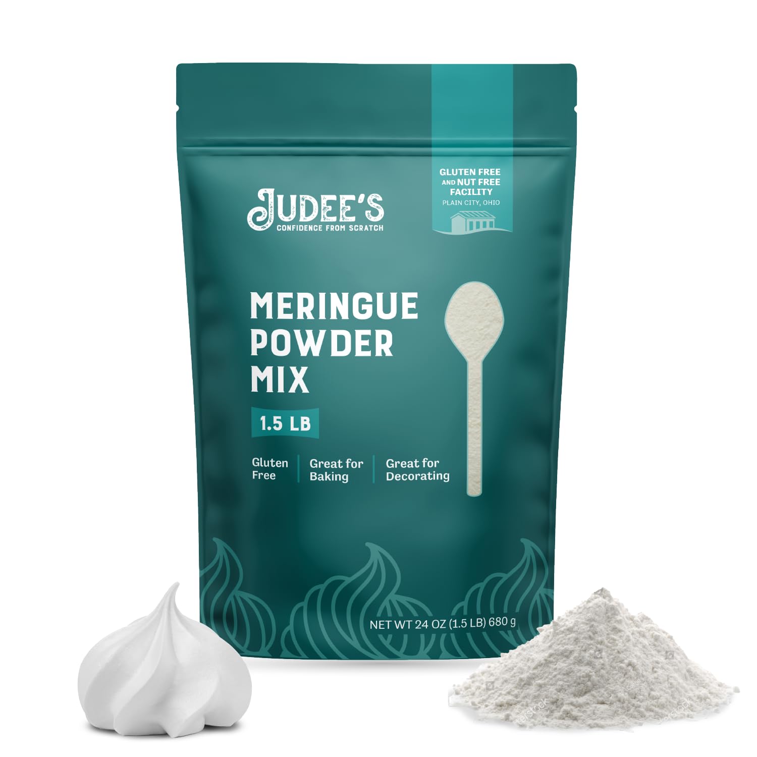 Judee's front packaging shows 24 oz pouch and gluten-free label for reliable baking
