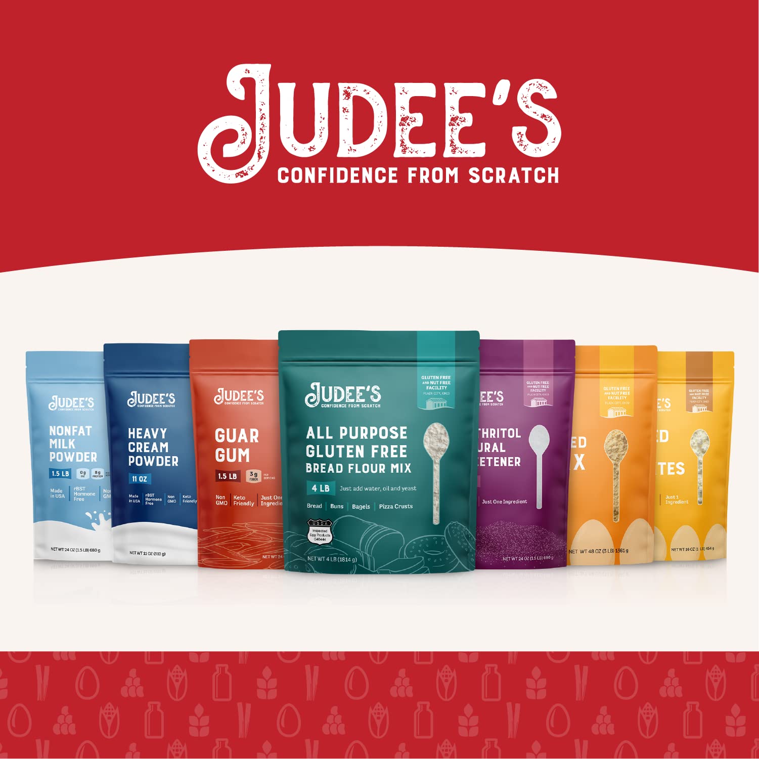 Judee's Gluten Free on kitchen table with snacks, suggests everyday versatile usage