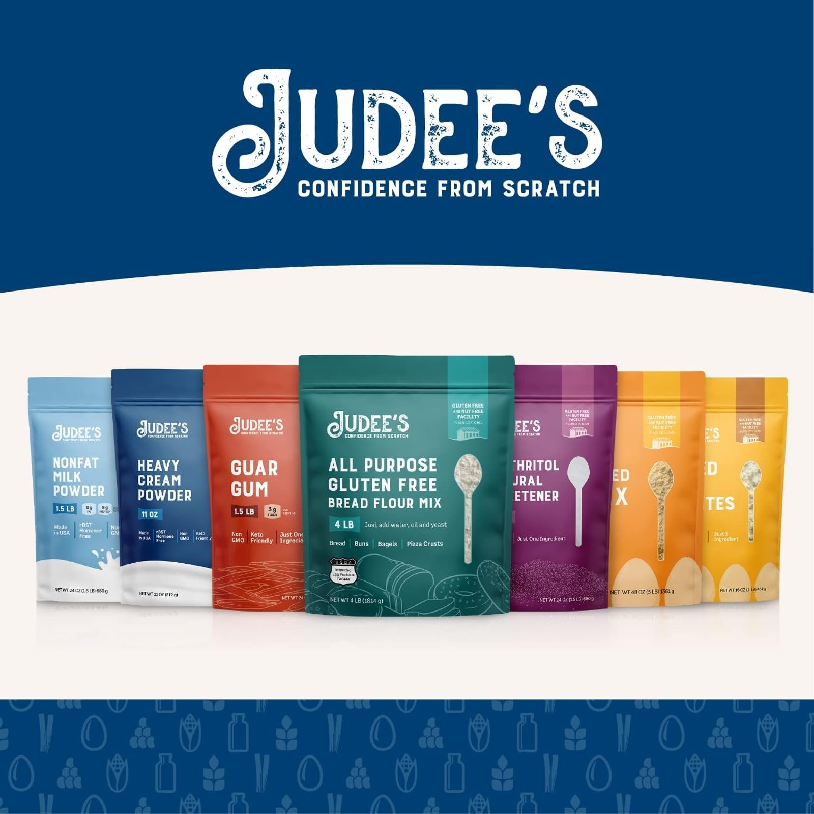 Judee's pouch stored in pantry illustrating compact storage and long shelf life