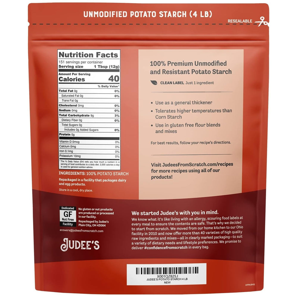 Judee's Gluten Free potato starch poured into jar for easy scooping and storage