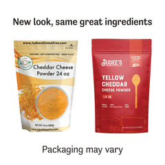 Judee's pouring powder into bowl to mix a quick cheese sauce easily
