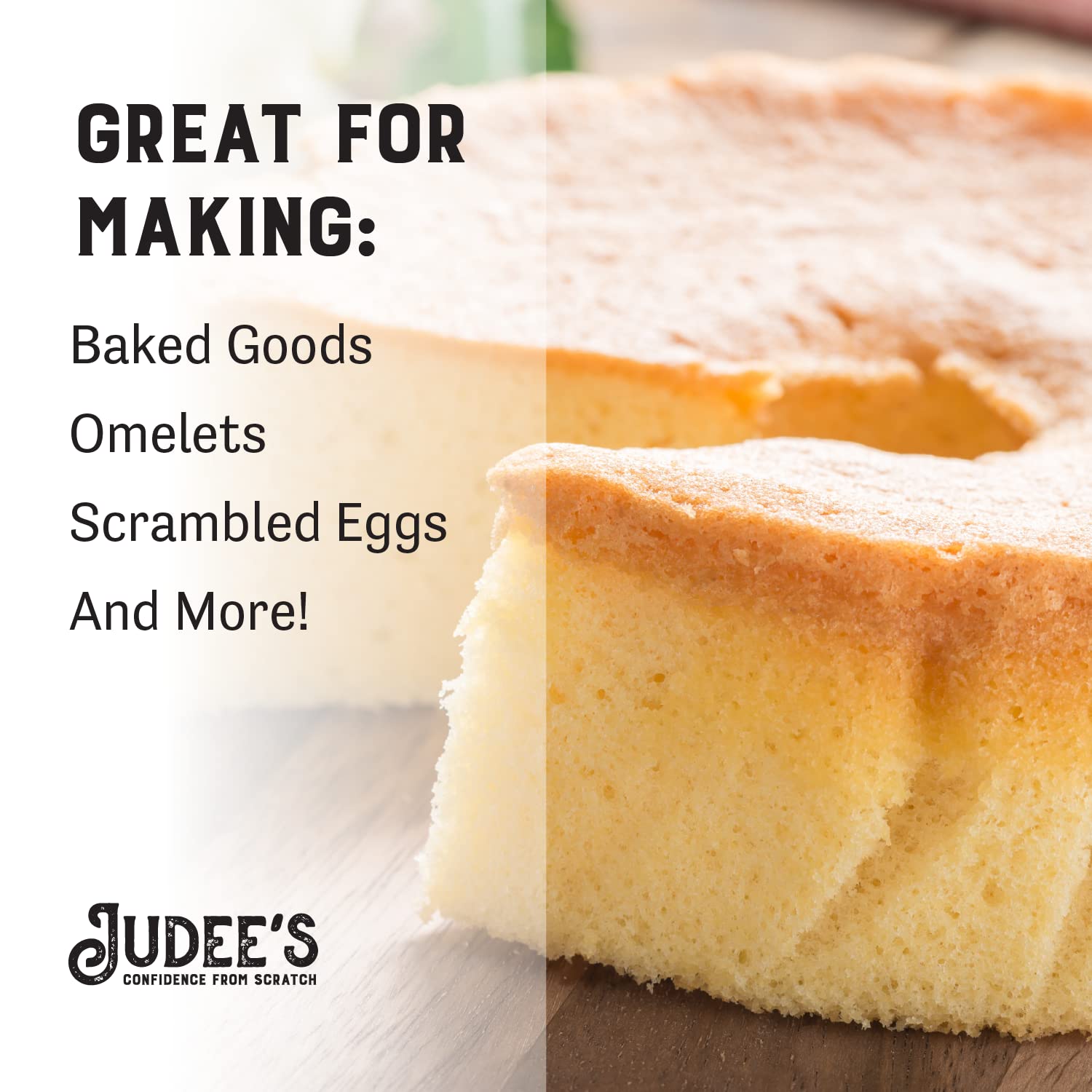 Judee's egg powder staged with flour and sugar illustrating bakery-ready ingredient convenience