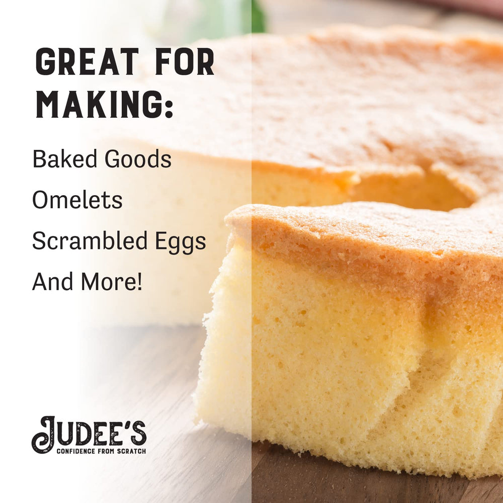 Judee's egg powder staged with flour and sugar illustrating bakery-ready ingredient convenience