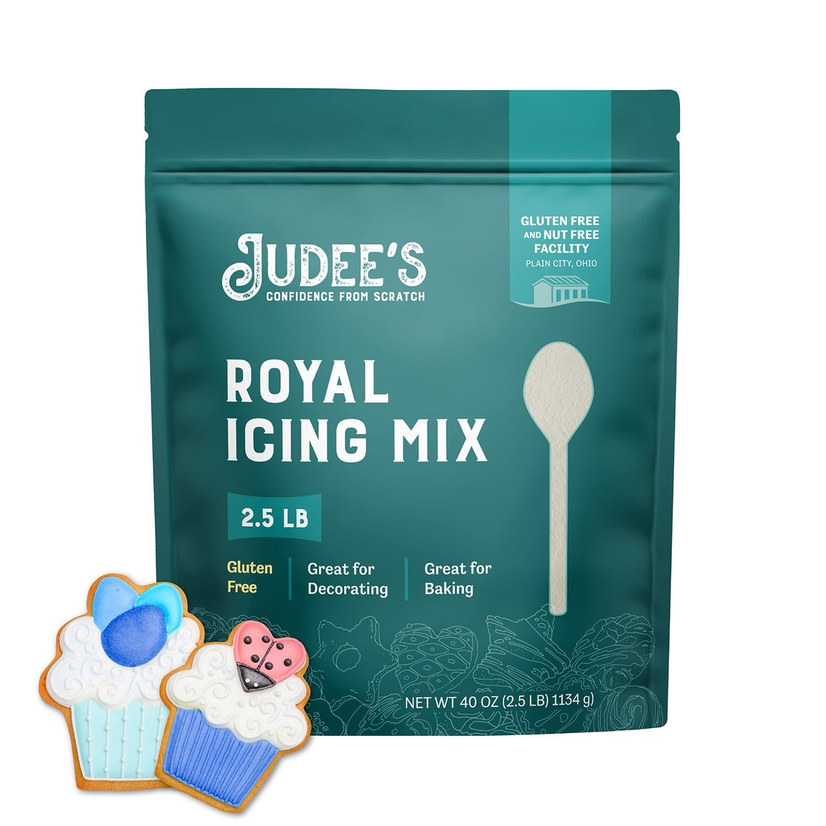 Judee's pouch front view showing product and gluten-free benefit