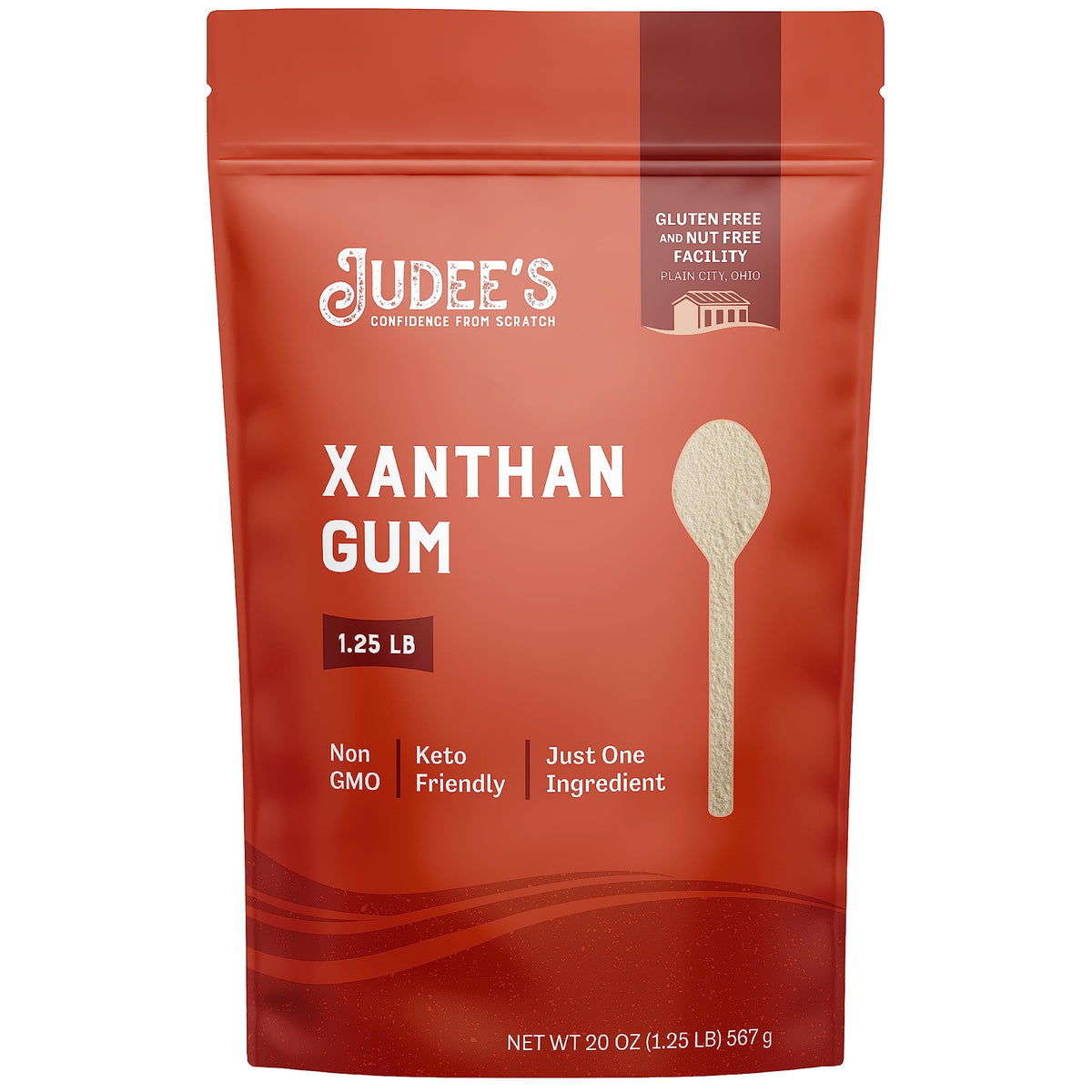 Judee's Gluten Free front pouch showing label and 20-ounce size benefit