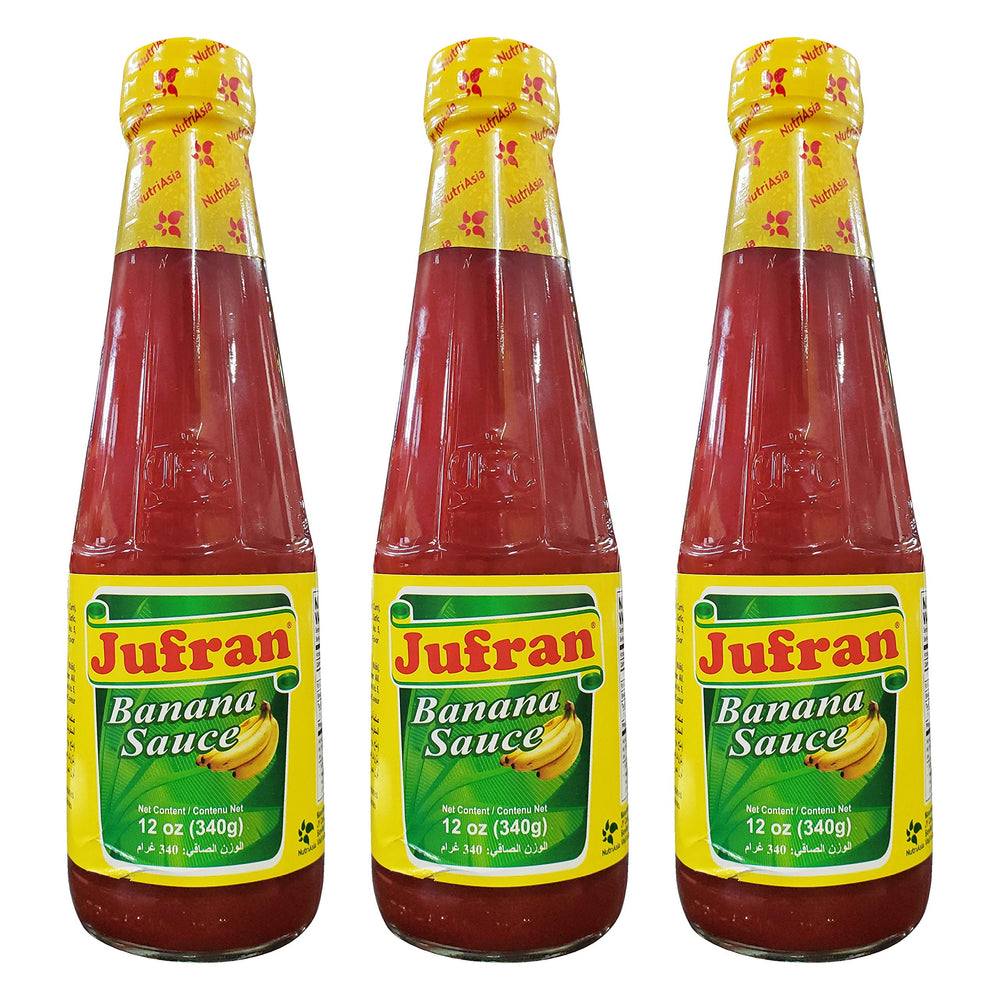 Jufran banana sauce front bottle view showing label and size, perfect for pantry use