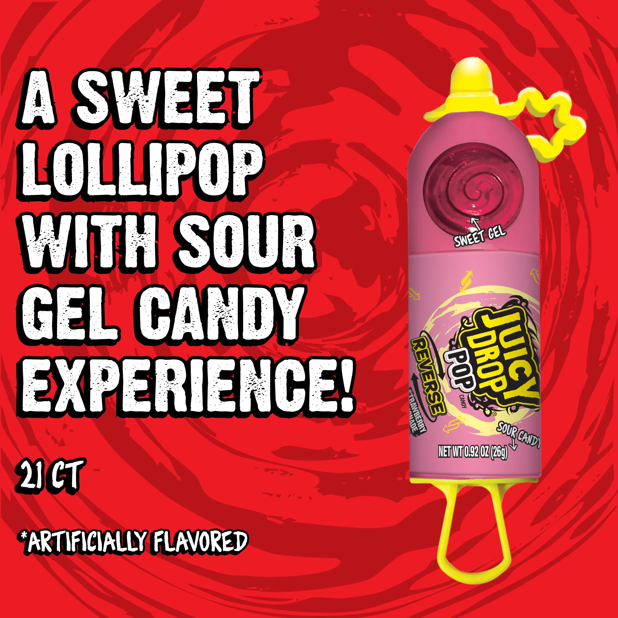 Close-up of Juicy Drop lollipop texture and colorful swirl, enticing flavor