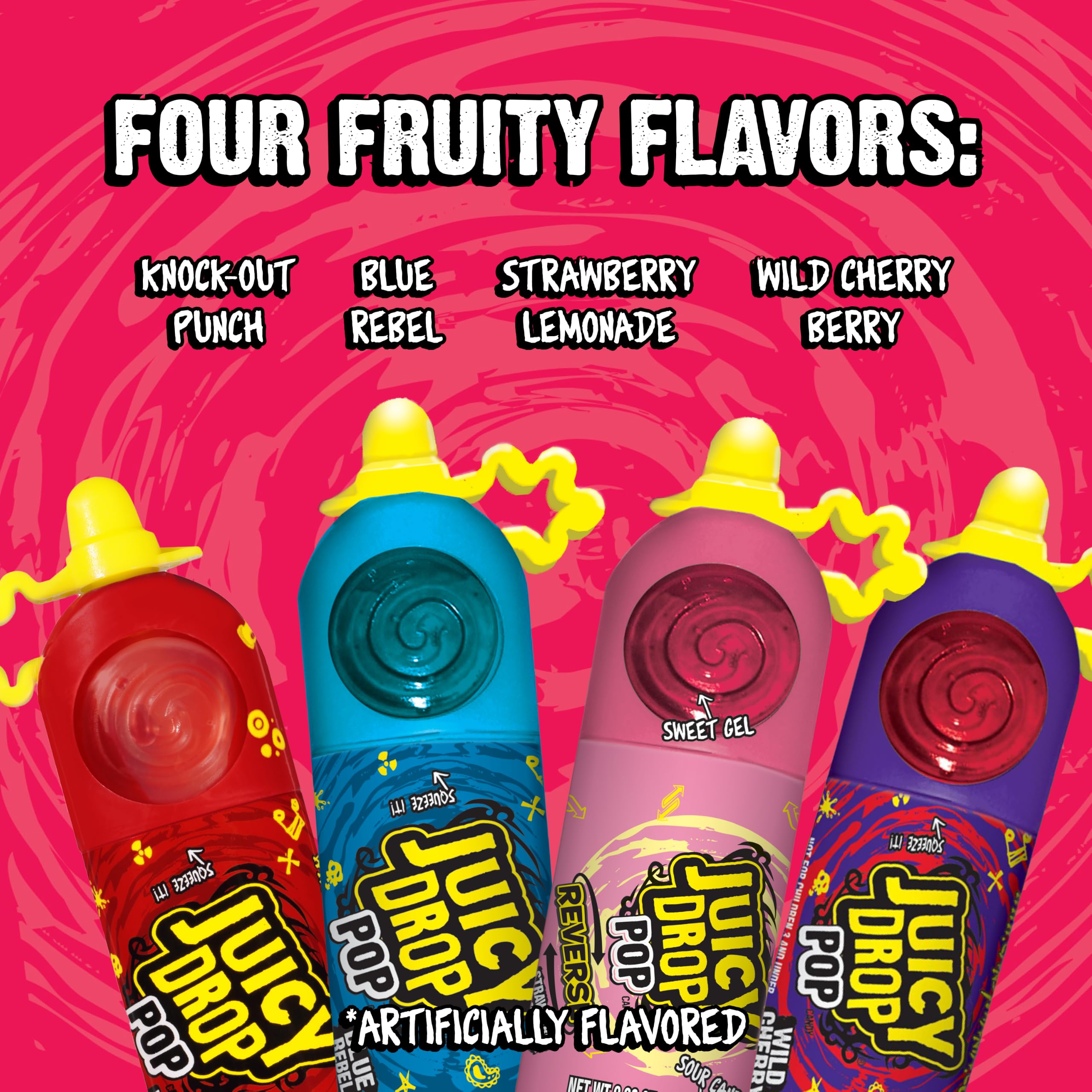 Juicy Drop lollipop held in hand to show size, easy on-the-go treat