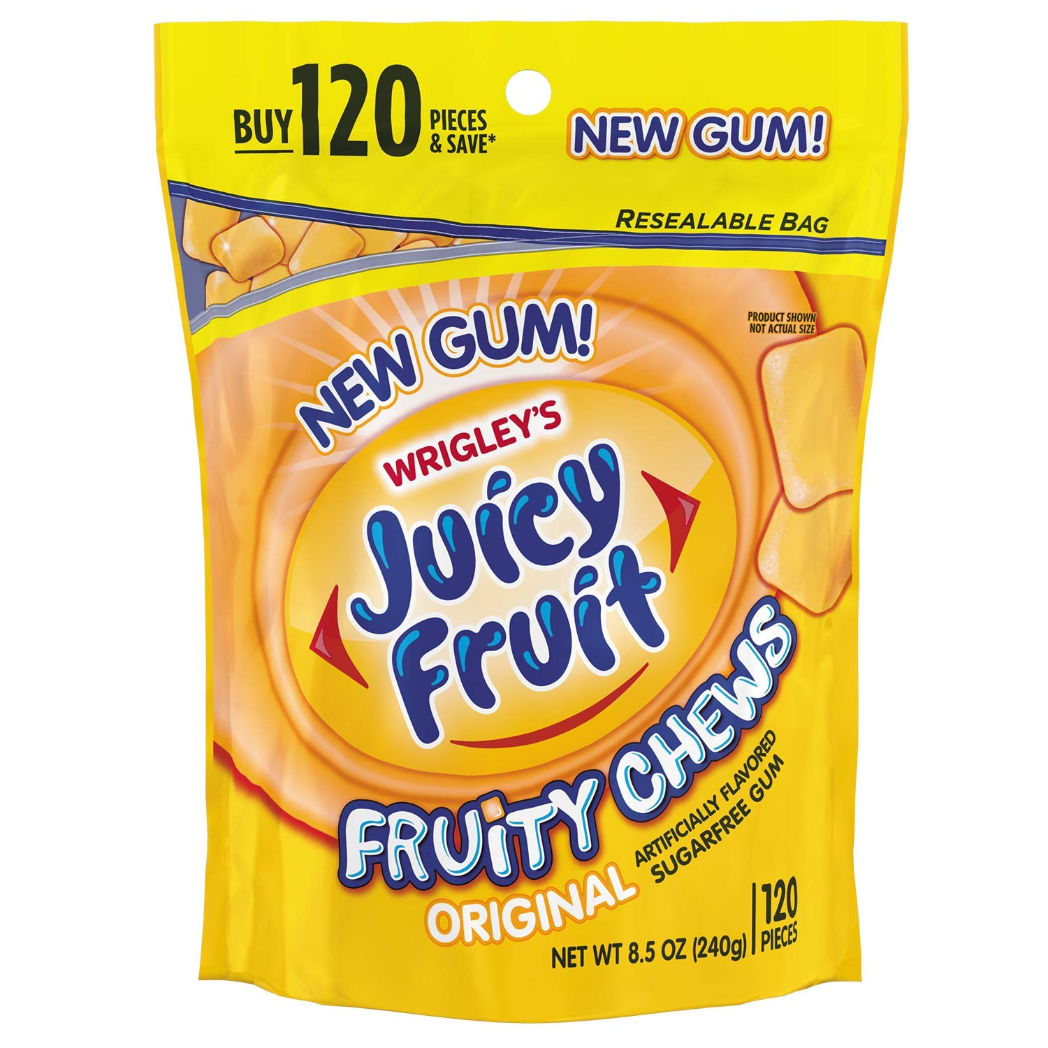 Juicy Fruit front packaging showing sugarfree fruity chews, convenient bulk supply