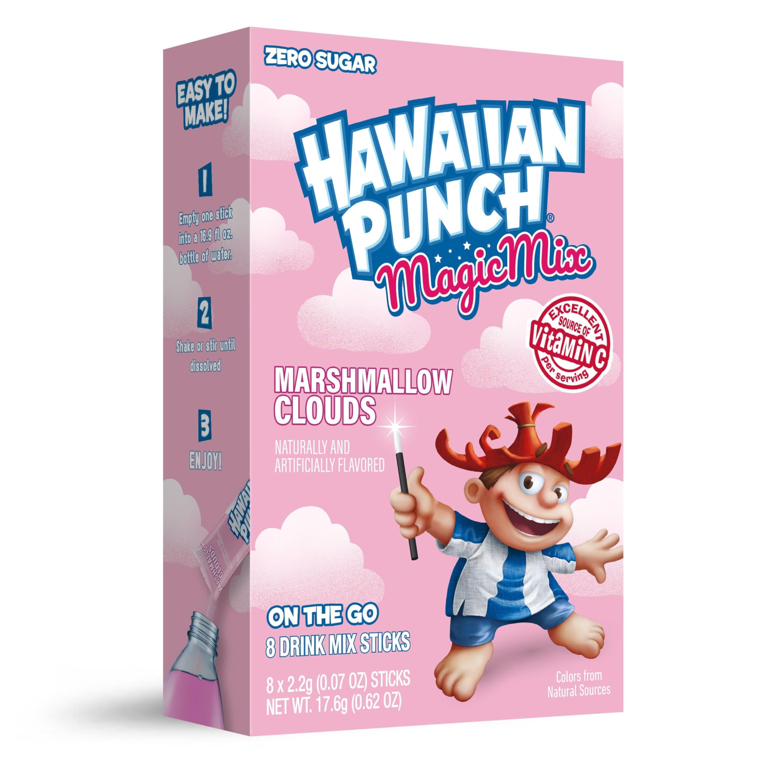 Juicy Mixes front packaging showing Hawaiian Punch Marshmallow Clouds flavor and portability