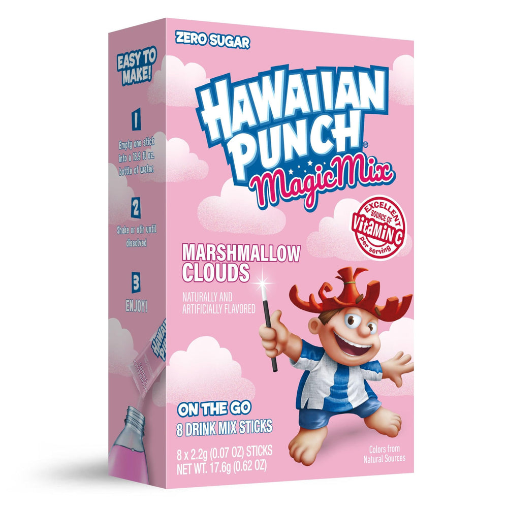 Juicy Mixes front packaging showing Hawaiian Punch Marshmallow Clouds flavor and portability