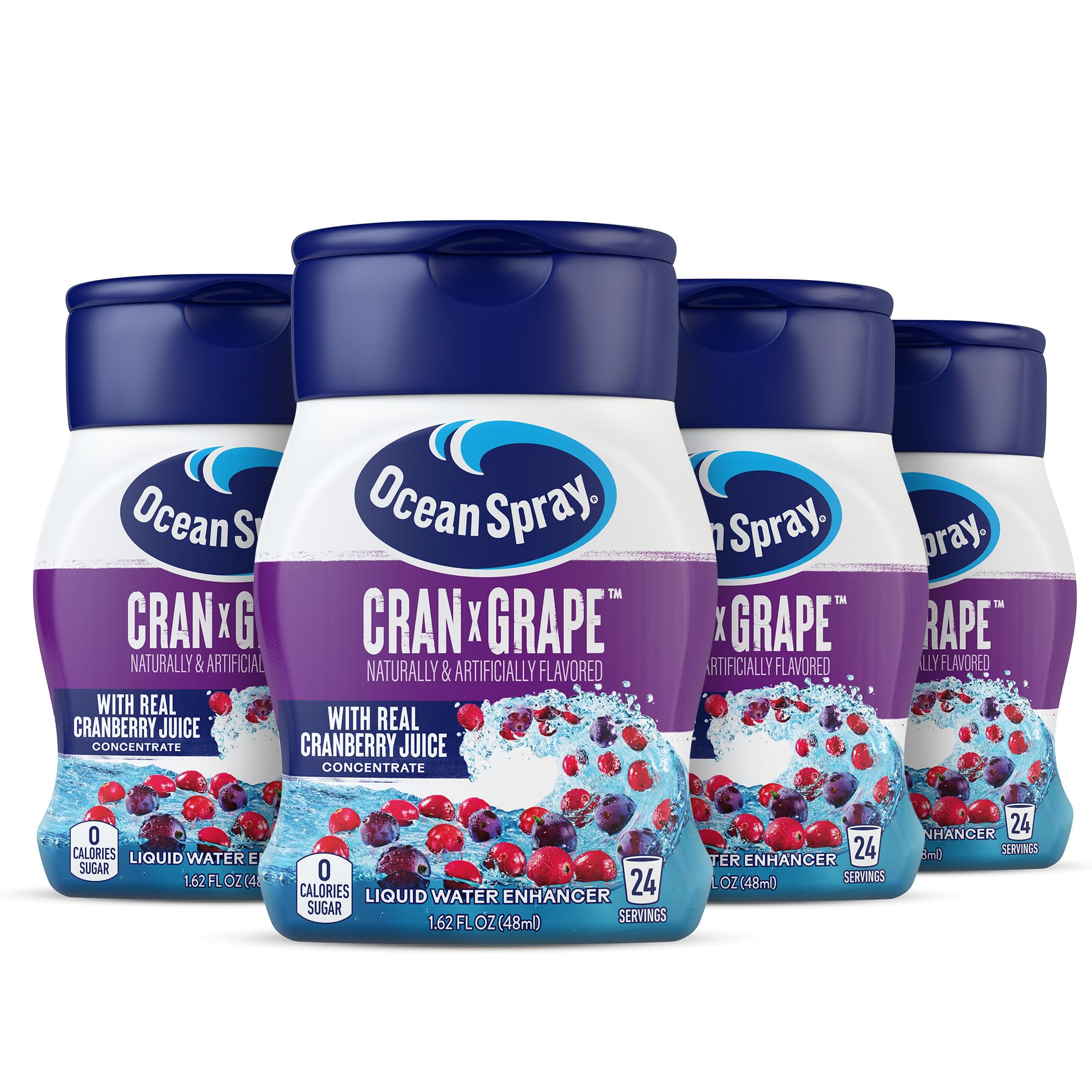 Juicy Mixes Ocean Spray front packaging showing four bottles and servings benefit