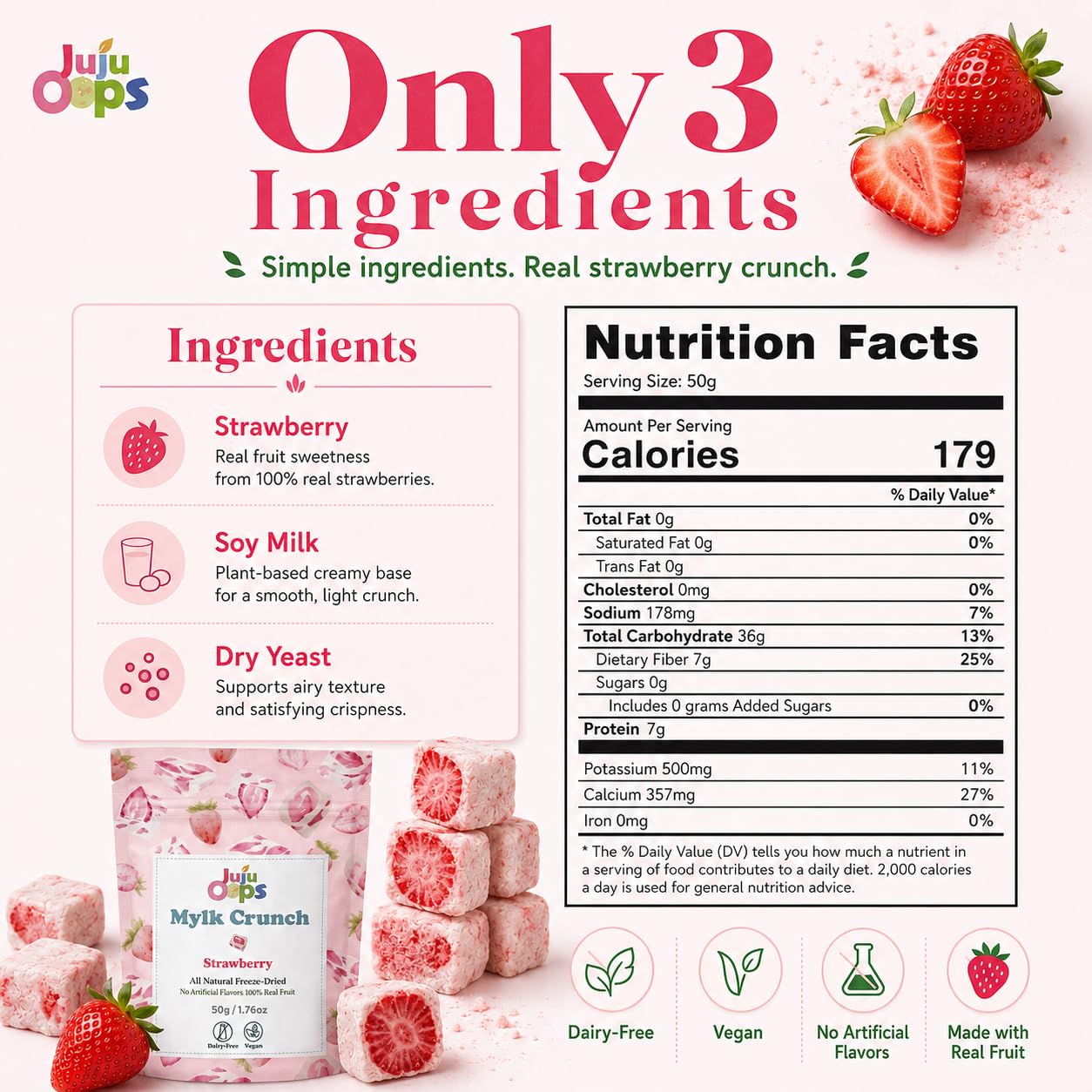 Juju Oops visible freeze-dried strawberry pieces inside bites highlighting real fruit