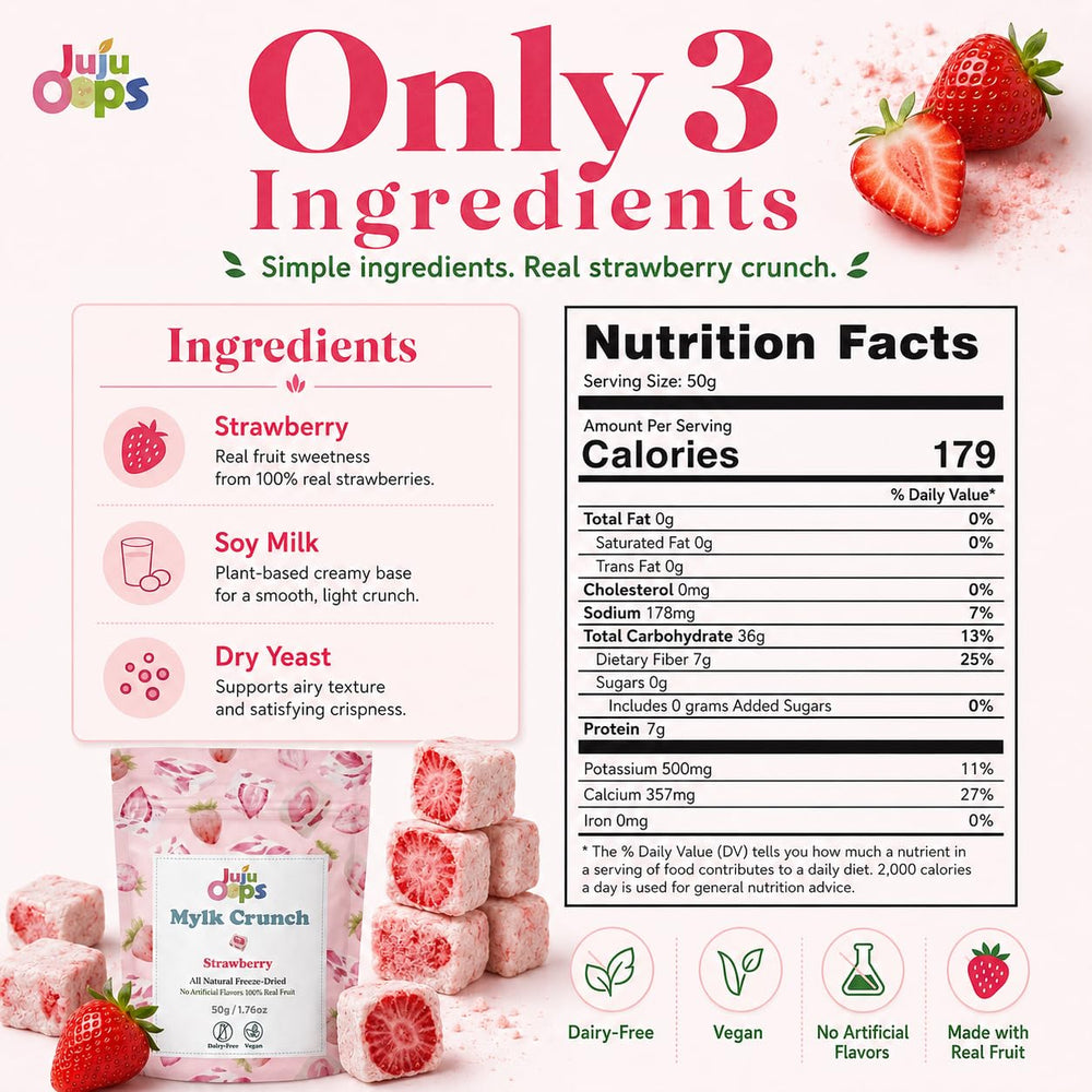 Juju Oops visible freeze-dried strawberry pieces inside bites highlighting real fruit