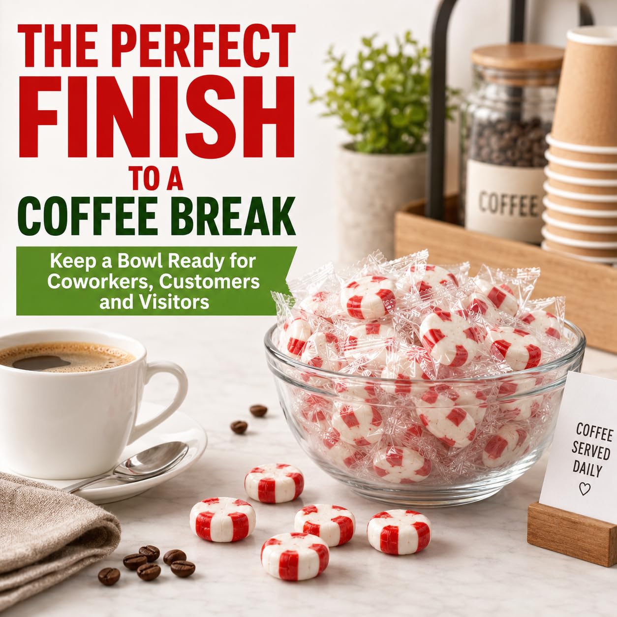 Jumblet display at coffee station pairing mints with beverages for freshness