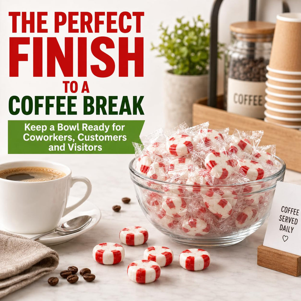 Jumblet display at coffee station pairing mints with beverages for freshness